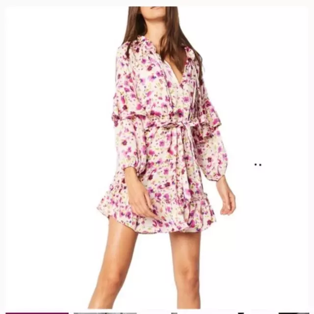 Misa Los Angeles Nehda pink purple cream long sleeve belted a-line dress XS NWT