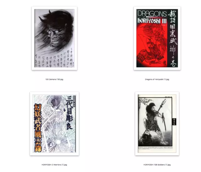 Juego de 4 Libros Horiyoshi III Japón Tatuaje Flash JPG en CD Dragones Demonios Musha