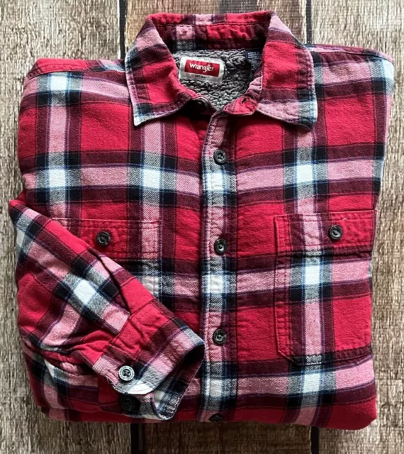 WRANGLER SHERPA LINED Flannel Shirt Jacket Red Plaid Mens Medium ...