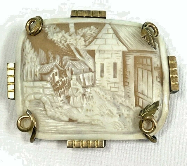 VICTORIAN RECTANGLE SHELL Scene Cameo Antique Brass Frame Woman Houses ...