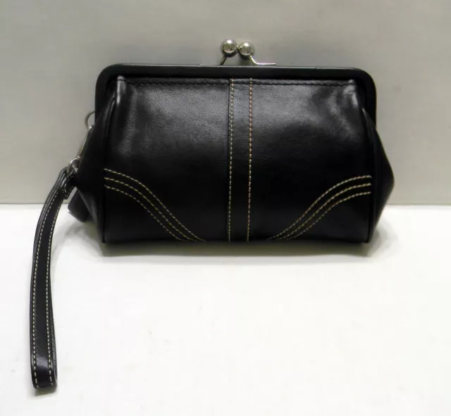 COACH Vintage  Black Leather Frame  Kiss Lock Wristlet Clutch Bag