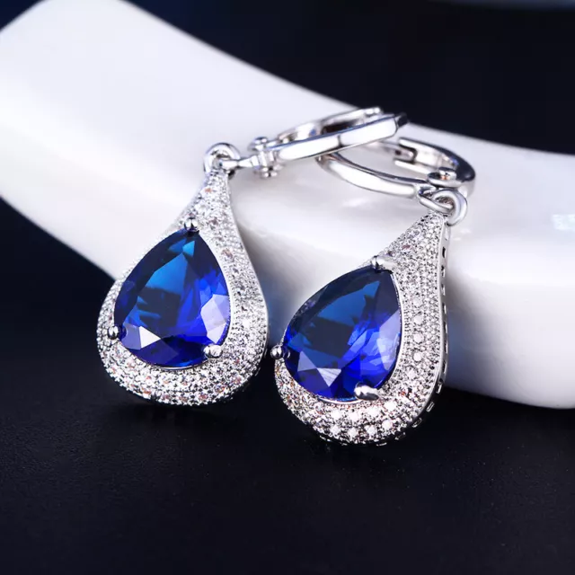White Gold Plated Blue Tear-drop Cubic Zirconia Crystal Drop Earrings (E912-55)
