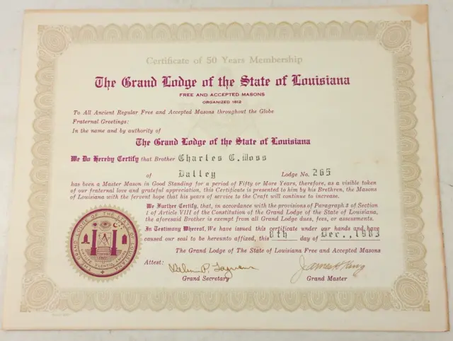 Masonic Grand Master Certificate Of 50 Years Membership Louisiana 1983