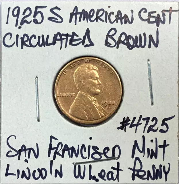 1925 S American Cent Lovely Circulated Brown Lincoln Wheat San Francisco Mint 3