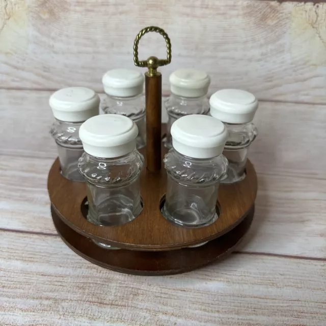 Vintage Wood Lazy Susan Spice Rack Table Top Holder 6 Glass Seasoning Bottles