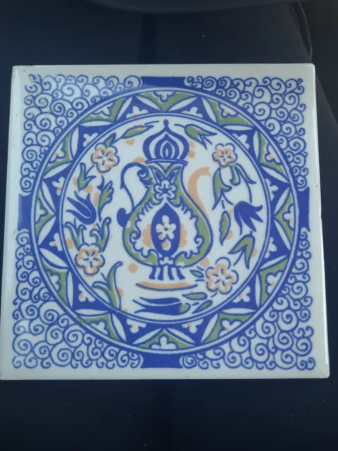 Mosaic Tile Company Trivet Moroccan Motif Blue on White Mid Century Kitsch