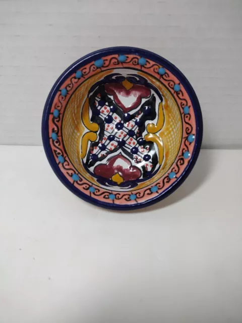 Mexico made Ceramic Signed Miniature Pottery Bowl 3 3/4 Inches Across 1 1/2 Tall