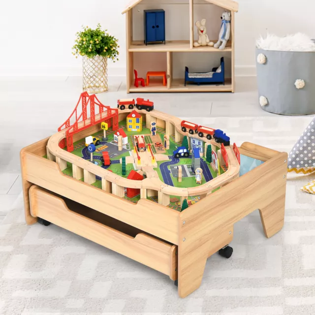 Babyjoy Wooden Kids Train Track Railway Set Table w/100 Pieces Storage Drawer