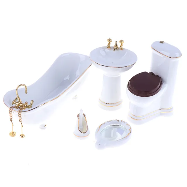 5Pcs 1:12 Dollhouse Miniature Porcelain Bathroom Set Toilet Basin Bathtub MiQ Bh