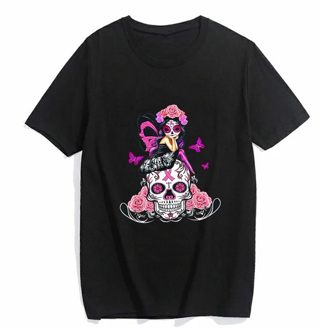 GraphicT-shirt for Women Cute Girl In Sugar Skull on Pink Butterfly Fashion Tops