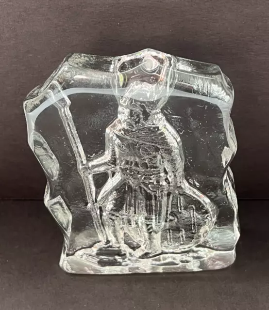 Vtg Swedish Handmade Etched Crystal Art Glass Viking Warrior Paperweight, Gift