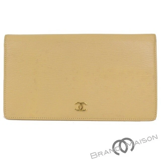 Chanel Bifold Long Wallet Zipper Leather Beige Coco Mark Women Second Hand cJl09