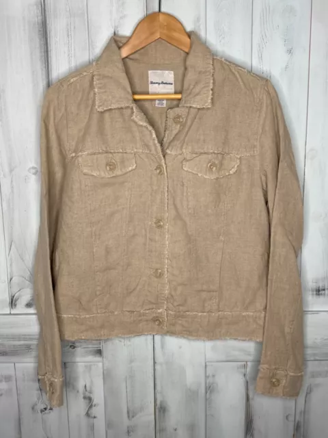 Womens Tommy Bahama Two Palms 100% Linen Raw Edge Button Up Jacket Tan Beige M