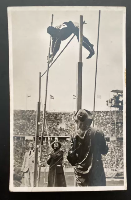 Mint 1936 Germany Olympics Real Picture Postcard RPPC Meadows Jump Gold Medal