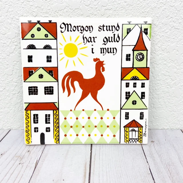 Vintage Mid Century Berggren Rooster Early To Bed Early To Rise Art Tile Trivet