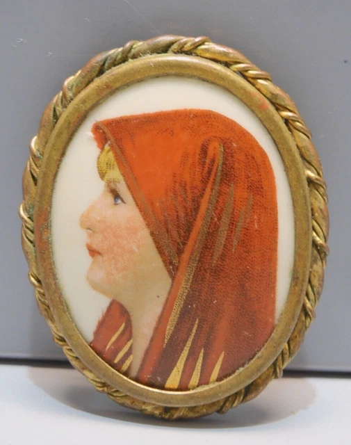 Broche Ancienne En Porcelaine De Limoges - Cadre Laiton, émaux Et Fleur - Bijou Vintage Occasion