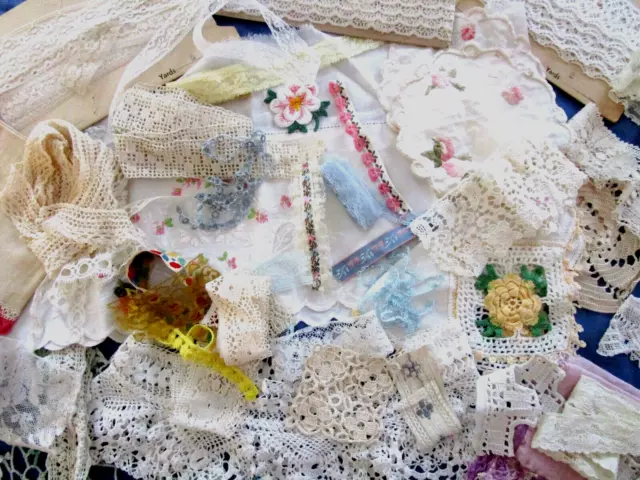 LOT 106 Vntg. MUST SEE lace trim edging crochet hankies collar applique + pieces