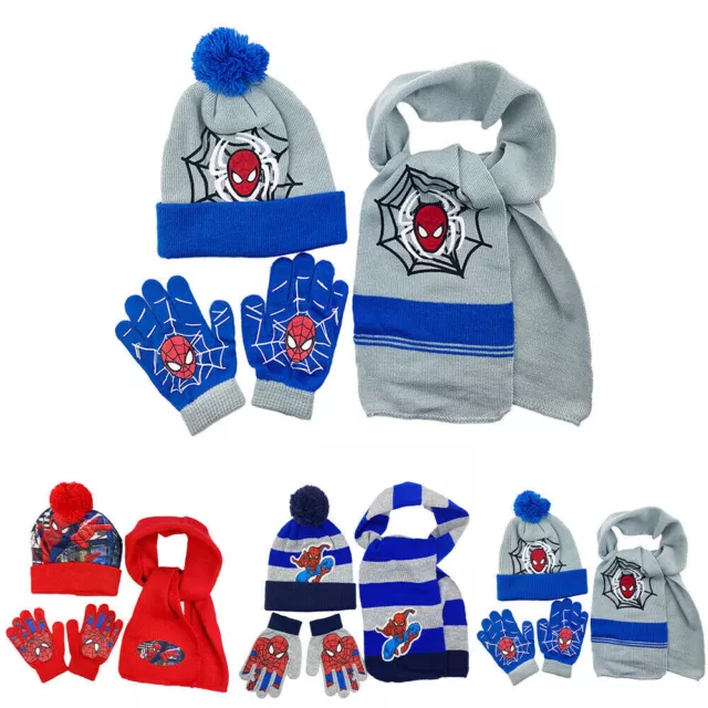 Kids Boys Spiderman Pom-Pom Beanie Hat Scarf Gloves Spider-man Winter Warm Set