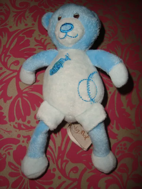 H # Doudou Ours  bleu hochet  attache BABY NAT BABYNAT' 19 cm TBE