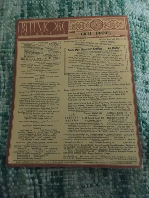 Biltmore Dinner de Luxe Menu Biltmore Hotel Los Angeles April 9, 1954