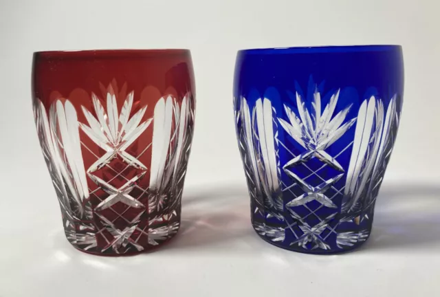 Vintage Edo Kiriko Glass Handmade Blue + Red Cut Crystal Tumbler Cup Mug RARE!
