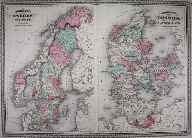 Authentic 1878 Johnson's Atlas Map ~ SWEDEN - NORWAY ~ FreeS&H    Inv#75