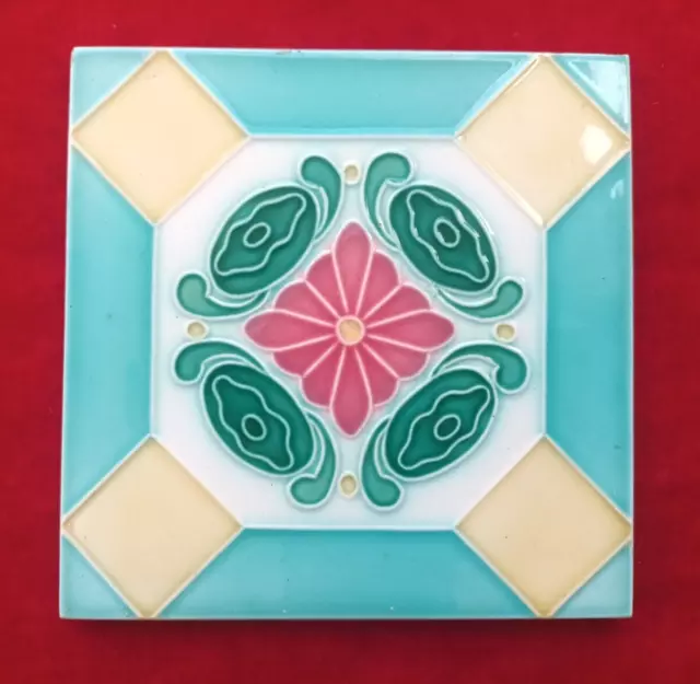 1 Piece Old Art Flower Design Embossed Majolica Ceramic Tiles Japan 0390