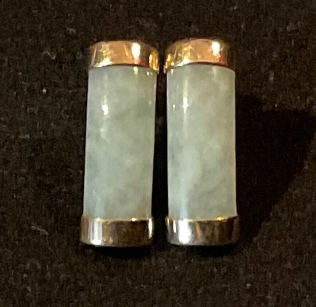 Vintage Estate 10K Yellow Gold Translucent Green Jade Bar Hanging Stud Earrings