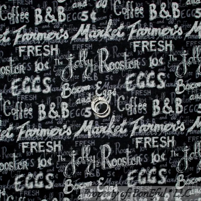 BonEful Fabric FQ Cotton Quilt Black White B&W Word Rooster Coffee Farm Egg Sale