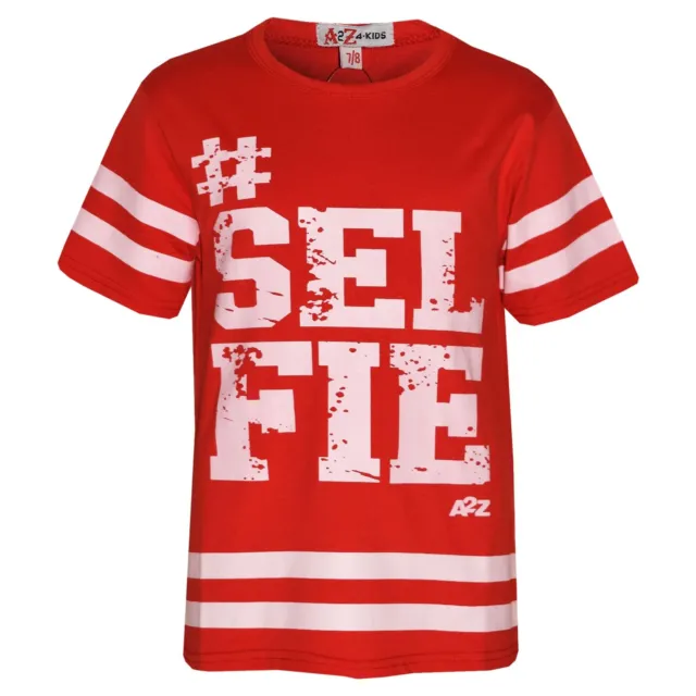 Girls Top Kids Designer's #Selfie Print Red American Baseball T Shirt Top 7-13