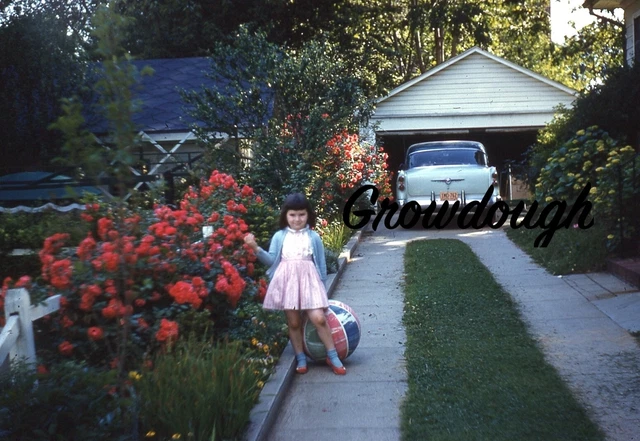 Orig '54 Buick Special Suburban Street Scene Little Girl Red Kodachrome Slide