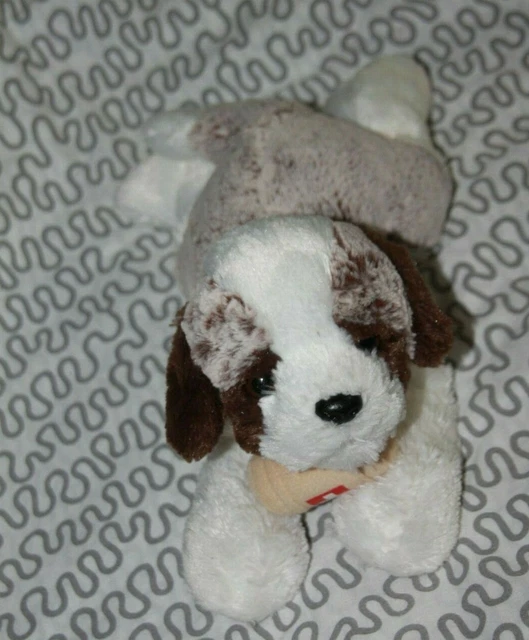 Doudou peluche DANI CREATIONS CHIEN SAINT BERNARD blanc marron tonneau allongé