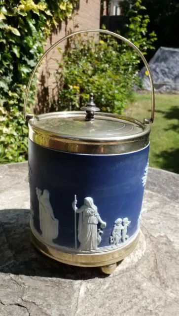 Antique Blue Wedgwood Jasperware Ceramic Biscuit Barrel With Nickle Silver Lid