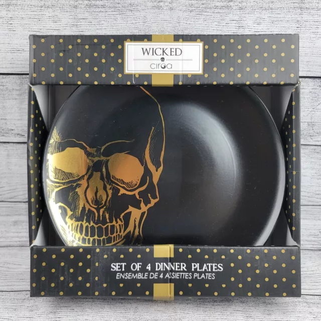 Set of 4 Wicked Ciroa Skull Halloween 10" Dinner Plates Black Gold