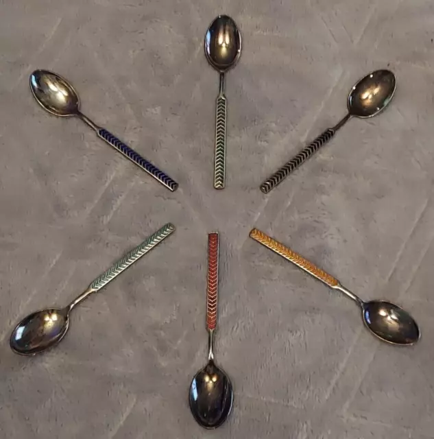 Complete set of 6 enameled demitasse coffee tea spoons Meka Denmark marked chevr