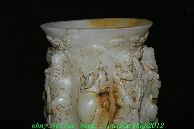 5" Old Chinese Han White Jade Eight Immortals 8 God  Brush Pot Pencil Vase 3