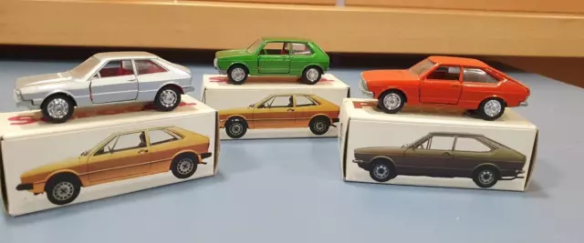 3 Modellautos 1:66 Schuco Silber Scirocco; Grün Golf; Orange Passat, Metallautos