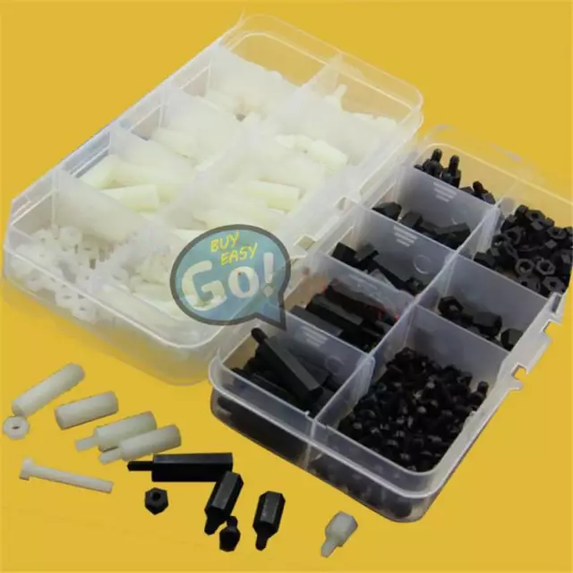 300pcs White and Black Nylon Hex M3 Spacers Screw Nut Standoff Kit Box