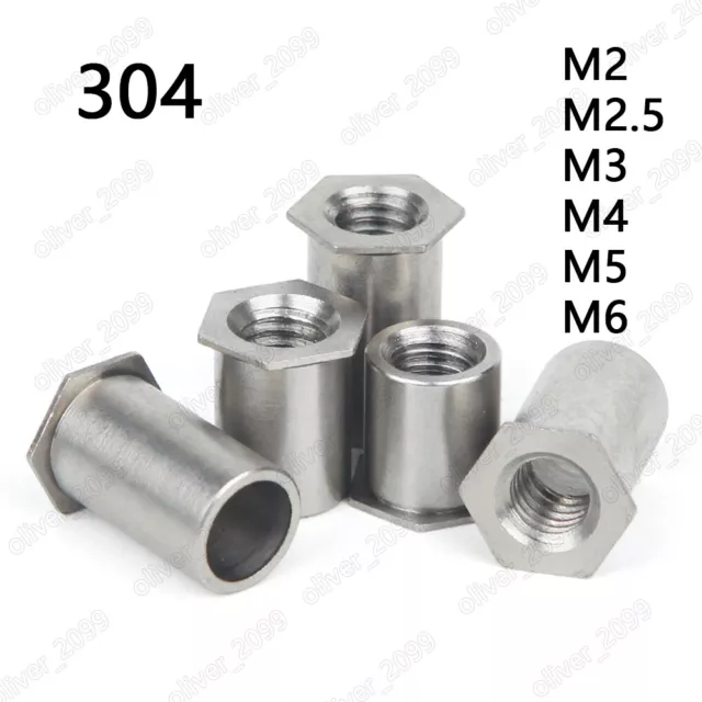 304 Edelstahl Hohl Nieten Muttern Flachkopf Sechskantkopf M2 M2,5 M3 M4 M5 M6