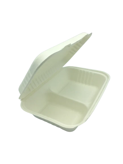 Plateau contenant alimentaire à emporter à la canne à sucre biodégradable Bagasse 9x6" 2 compartiments