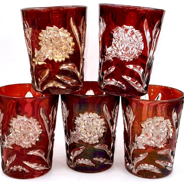 Set of 5 New Martinsville CARNATION Ruby Flashed Glass Tumblers Stunning EAPG!