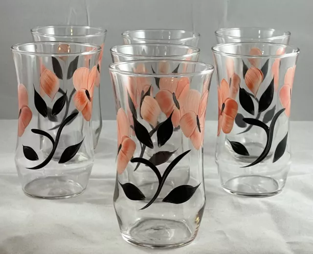 Vtg Bartlett Collins Set Of 7 Drinking Glass Tumbler Pink Black Flowers Gay Fad