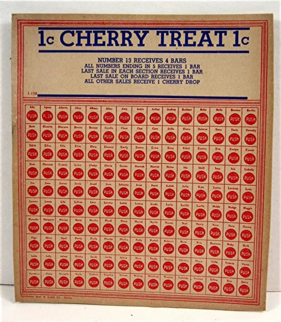 Vintage 1 Cent Cherry Treat Candy Punch Board Gambling Disp Card Old Store Stock