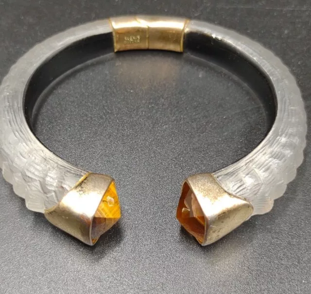 Alexis Bittar Carved Hinged Lucite Cuff bangle Bracelet With Tiger Stone 6.75"