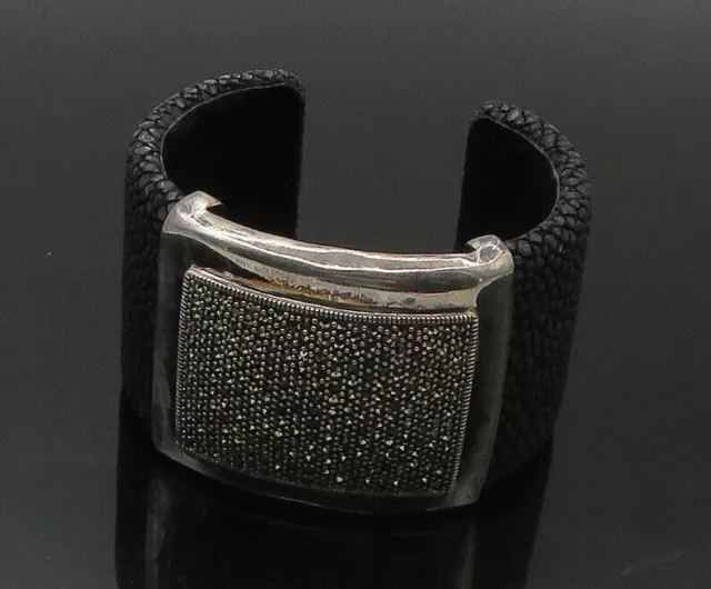 925 Sterling Silver - Vintage Marcasite Cobbled Leather Cuff Bracelet - BT6860