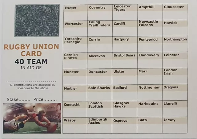 25 x 40 Team Rugby Union scratch cards A6 FULL COLOUR FUNDRAISING IDEAS CHARITY