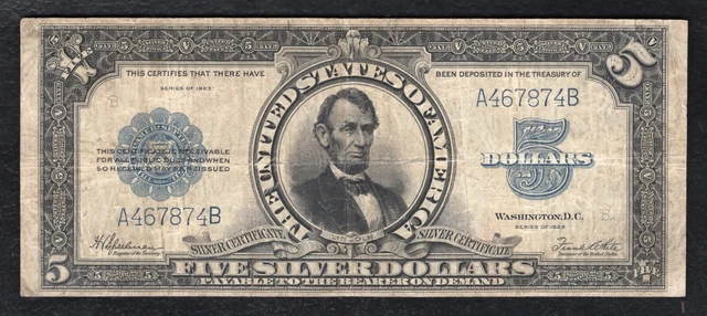 Fr. 282 1923 $5 Five Dollars “Porthole” Silver Certificate Currency Note Vf
