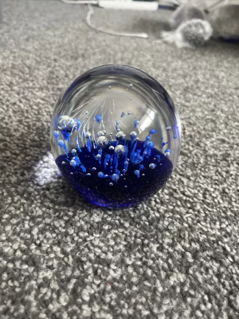 Hand Made Art Glass Paperweight With Clear & Blue Controlled Bubbles & Blue Base