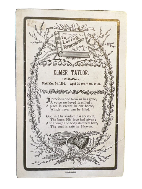 Antique Funeral Cabinet Card Funeral - 1894 Elmer Taylor