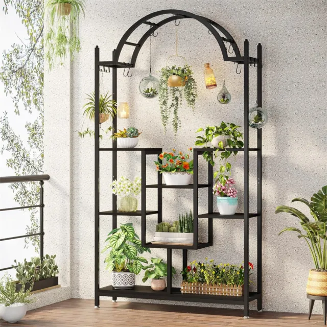5-Tier Extra Large Tall Plant Stand Arched Metal Plant Shelf with Hanging Hooks